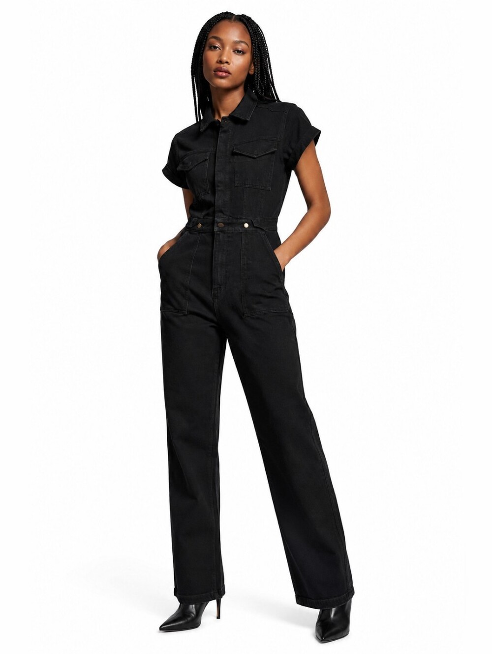 Black Denim Jumpsuit for Women Straight Leg Utility Romper  Chic Minimalist S: M